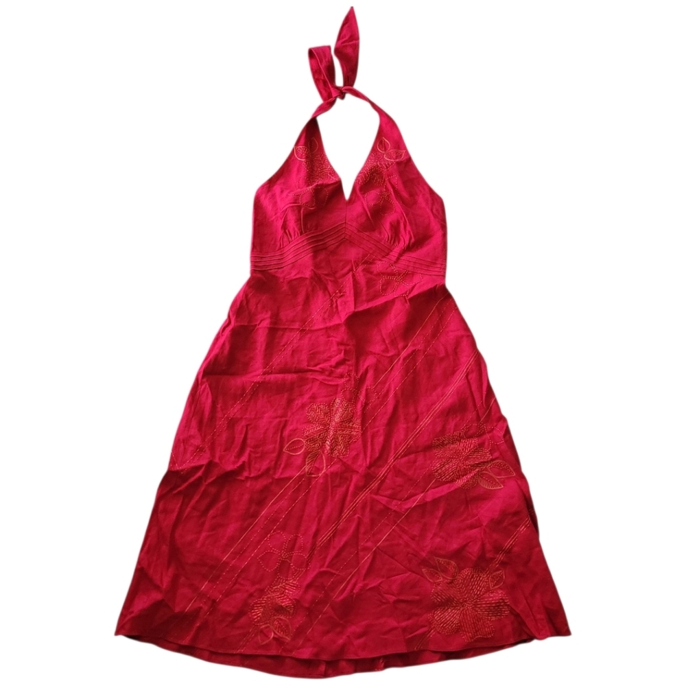 Harold's Women's Red Floral Embroidered Halter Midi Dress Size 4 V-Neck Love 90s